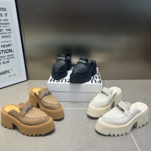 尖头休闲鞋 编织皮7cm厚底粗跟懒人鞋 女2026新款 超轻底包头半拖鞋