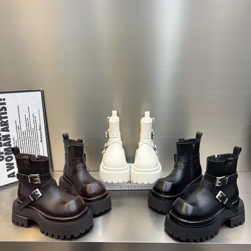 加绒马丁靴女真皮大头皮带扣厚底松糕机车短靴切尔西小个子烟筒靴