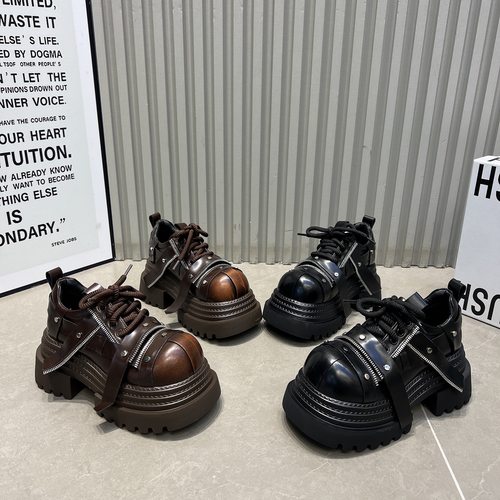 金属拉链乐福鞋女2025新款8cm真皮厚底圆头小皮鞋时尚低帮鞋单鞋