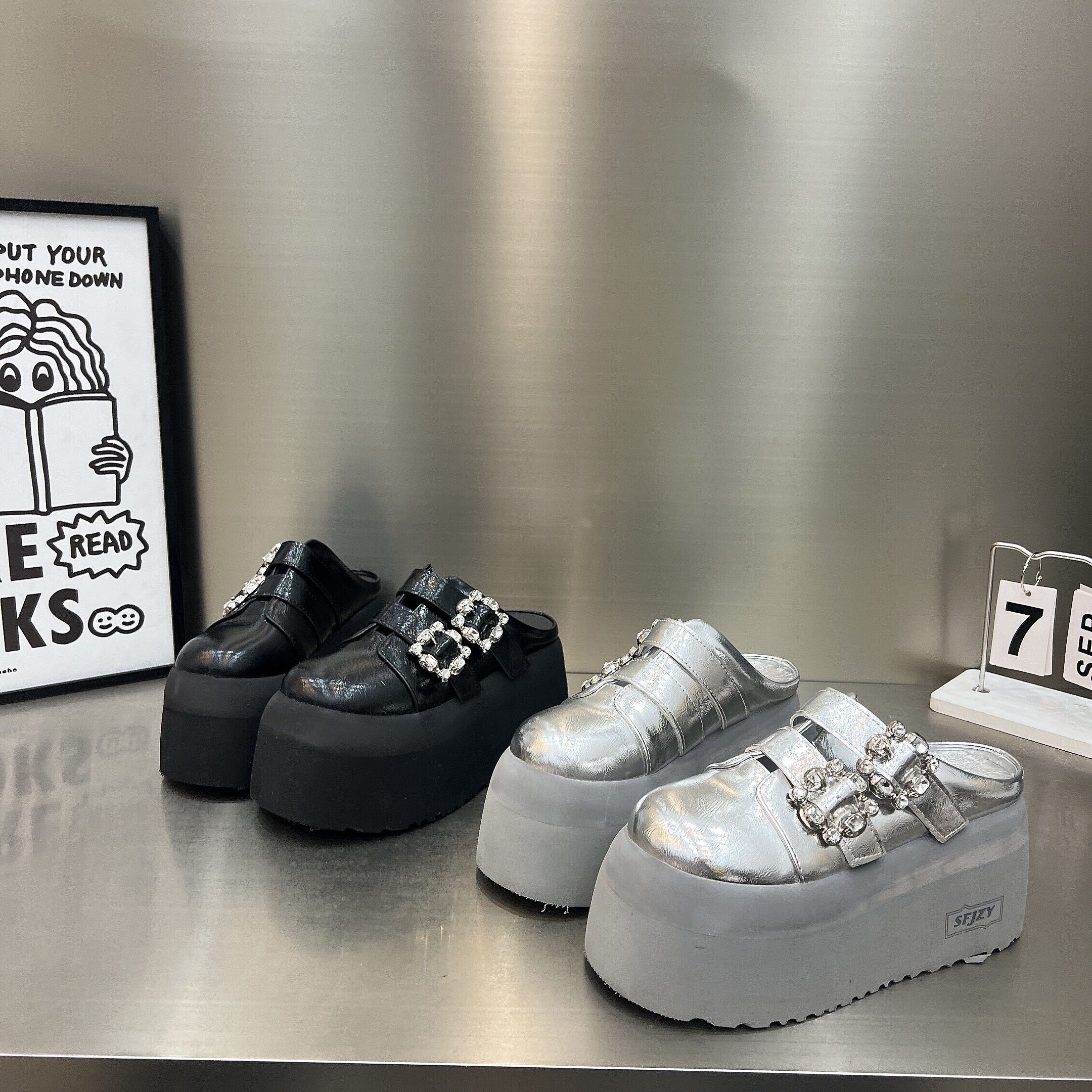 真皮厚底包头半拖鞋女2026新款皮带扣7cm小个子勃肯鞋休闲穆勒鞋