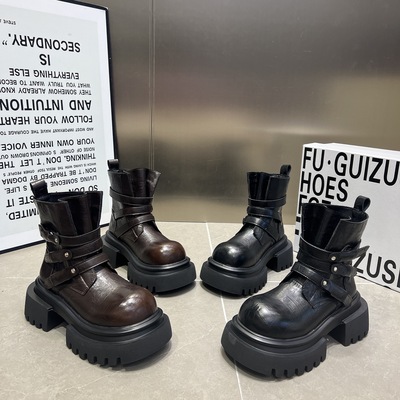 皮带扣套筒马丁靴女2025新款厚底松糕圆头7cm增高机车短靴毒液靴