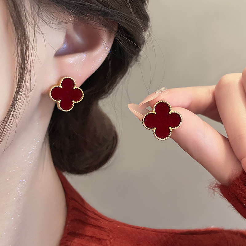 安可拉红色幸运草耳钉女纯银针2025年新款爆款高级感耳环轻奢耳饰,饰品/流行首饰/时尚饰品新,耳环,淘宝优惠券,粉丝福利购,淘宝优惠卷