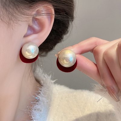 红色丝绒几何珍珠耳环女