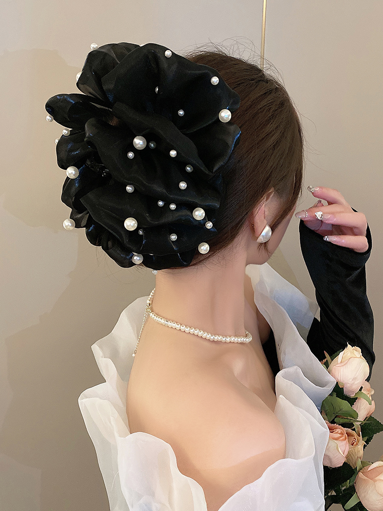 2023新款泡泡网纱珍珠抓夹女