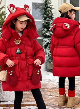 女童红色小鹿连帽棉服冬季加厚保暖麋鹿角装饰中长中小童棉袄外套