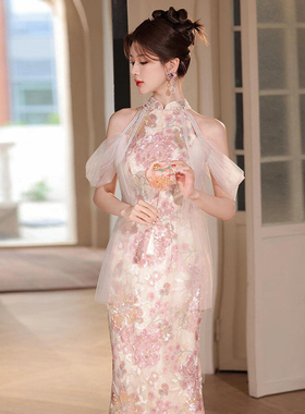 订婚粉色晚礼服裙女晨袍新中式绝美敬酒服新娘高端轻奢小众旗袍夏