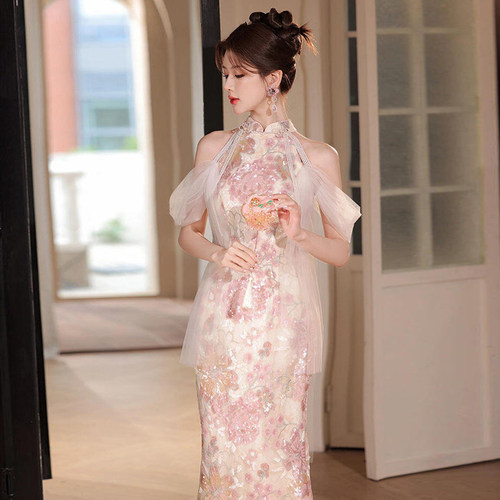 订婚粉色晚礼服裙女晨袍新中式绝美敬酒服新娘高端轻奢小众旗袍夏