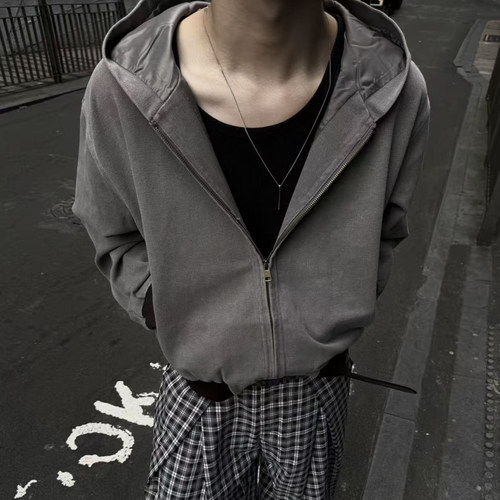 2Messages复古休闲连帽夹克男秋冬宽松上衣棉涤混纺拉链长袖外套