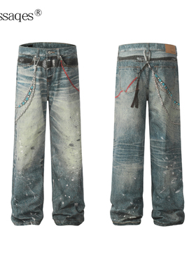 2Messages美式复古3D打印链条牛仔裤 男士高街做旧宽松直筒休闲裤