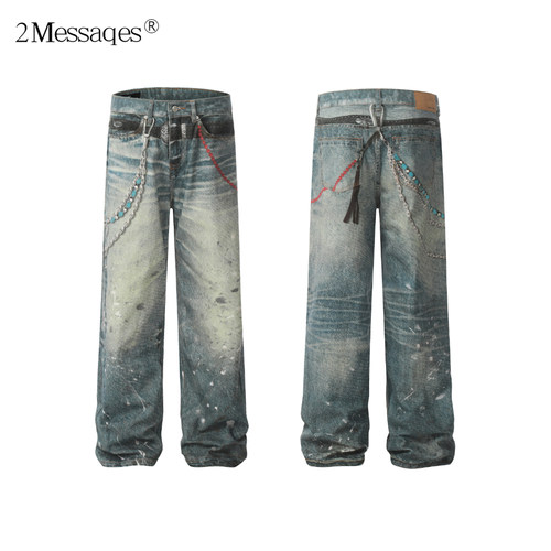 2Messages美式复古3D打印链条牛仔裤 男士高街做旧宽松直筒休闲裤