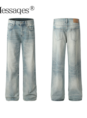 2Messages美式复古水洗蓝牛仔裤男直筒猫须cleanfit拖地vibe长裤