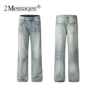 2Messages美式复古水洗蓝牛仔裤男直筒猫须cleanfit拖地vibe长裤