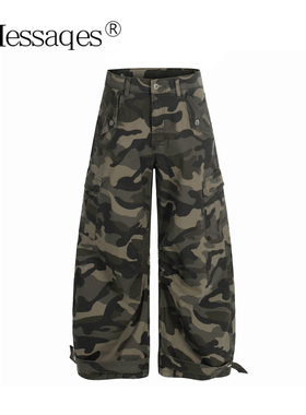2Messages 美式复古迷彩工装裤cleanfit男女宽松阔腿弯刀直筒长裤