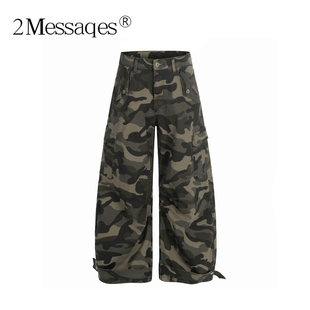 2Messages 美式复古迷彩工装裤cleanfit男女宽松阔腿弯刀直筒长裤
