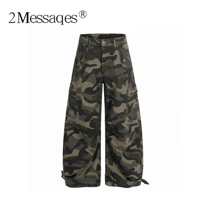 2Messages 美式复古迷彩工装裤cleanfit男女宽松阔腿弯刀直筒长裤