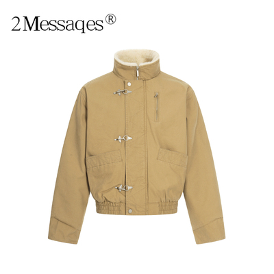 2Messages 美式复古工装飞机扣立领工装夹克男女宽松加绒保暖外套