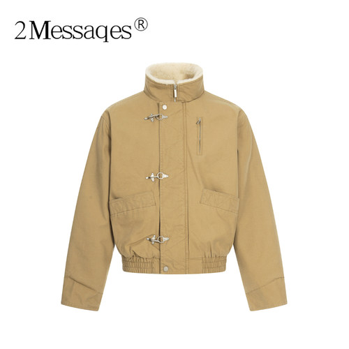 2Messages 美式复古工装飞机扣立领工装夹克男女宽松加绒保暖外套