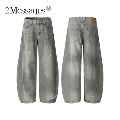2Messages 复古水洗灰色泼墨弯刀牛仔裤男宽松阔腿美式街头做旧裤