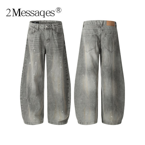 2Messages 复古水洗灰色泼墨弯刀牛仔裤男宽松阔腿美式街头做旧裤