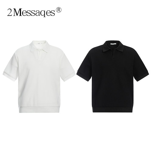2Messages「透格」夏季V领华夫格老钱Polo翻领T恤