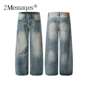 2Messages 美式cleanfit水洗猫须蓝色宽松直筒阔腿牛仔裤男vibe潮
