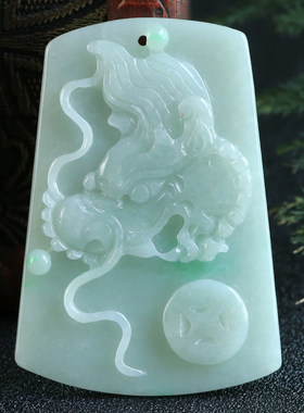 翡翠吊坠糯种飘阳绿龙头挂件玉器