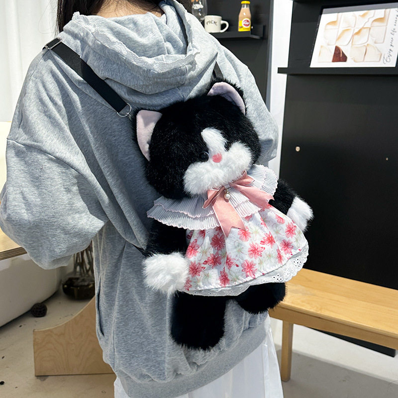 少女长耳朵猫咪兔毛绒玩偶包包公仔可爱网红绒猫双肩小背包狸花猫