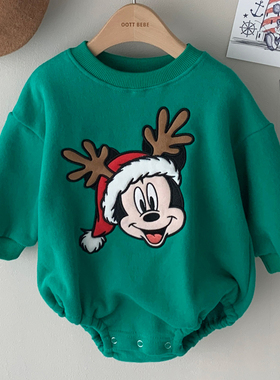 现货韩国进口婴儿冬款卡通米奇加绒爬服宝宝圣诞款绿色包屁连体衣