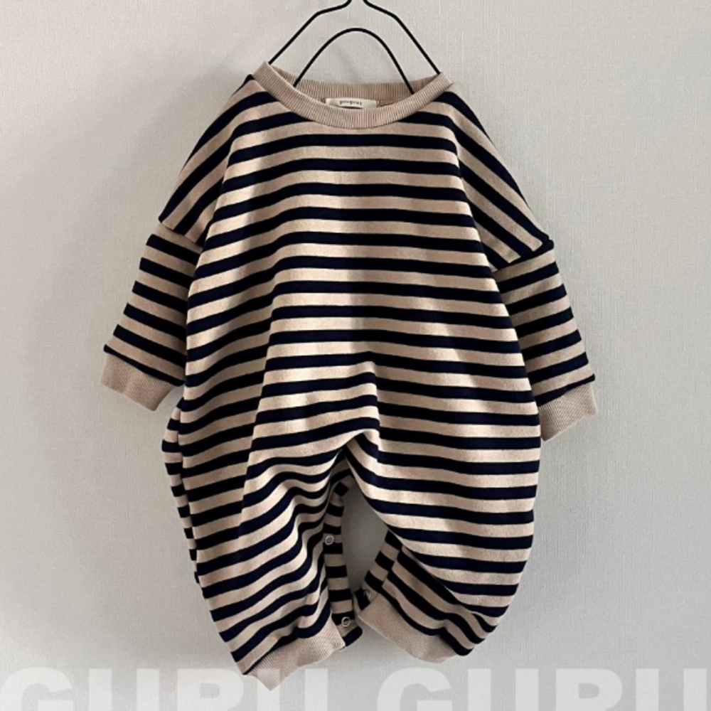 韩国进口婴儿休闲条纹加绒连体衣宝宝秋冬舒适洋气外穿爬服卫衣