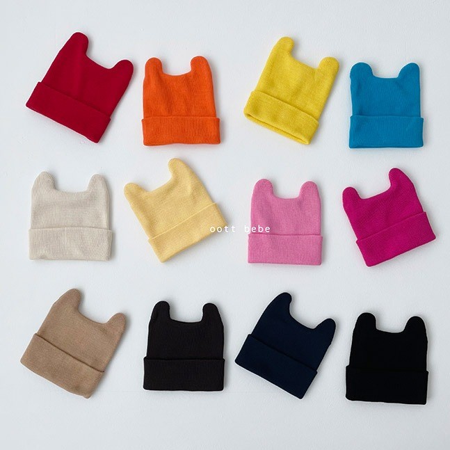 韩国进口婴儿可爱针织帽男女宝宝糖果色耳朵帽子经典犄角套头帽