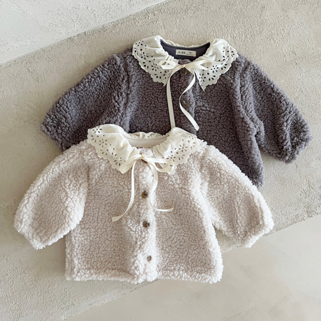 韩国进口婴幼童装洋气花边翻领加厚羊羔绒外套女童冬款保暖上衣