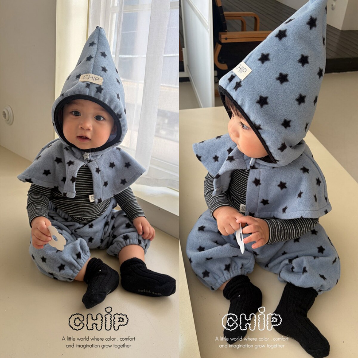 韩国进口婴幼童装冬款可爱星星尖尖披肩帽束脚休闲裤套装CHIP