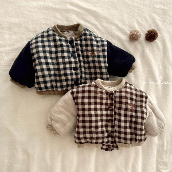 现货韩国进口童装柔软加厚保暖棉衣男女童冬款复古格子棉袄外套