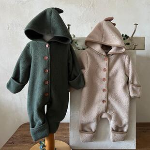 现货韩国进口婴儿怪兽恐龙连帽外出服连体衣冬款包手包脚爬服外套