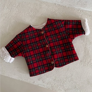 韩国进口婴幼童装喜庆红色格子抓绒加厚保暖外套儿童冬款新年棉袄