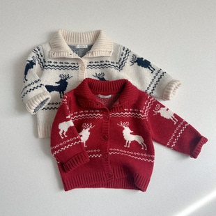 现货韩国进口婴幼童装圣诞新年红色梅花鹿毛衣外套MiniRobe冬装