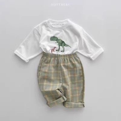 现货韩国进口婴幼童装男童卡通恐龙休闲T恤格子长裤套装OottBebe