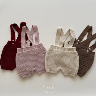 韩国进口婴儿可爱洋气针织背带裤百天宝宝秋冬高腰连体短裤AOSTA