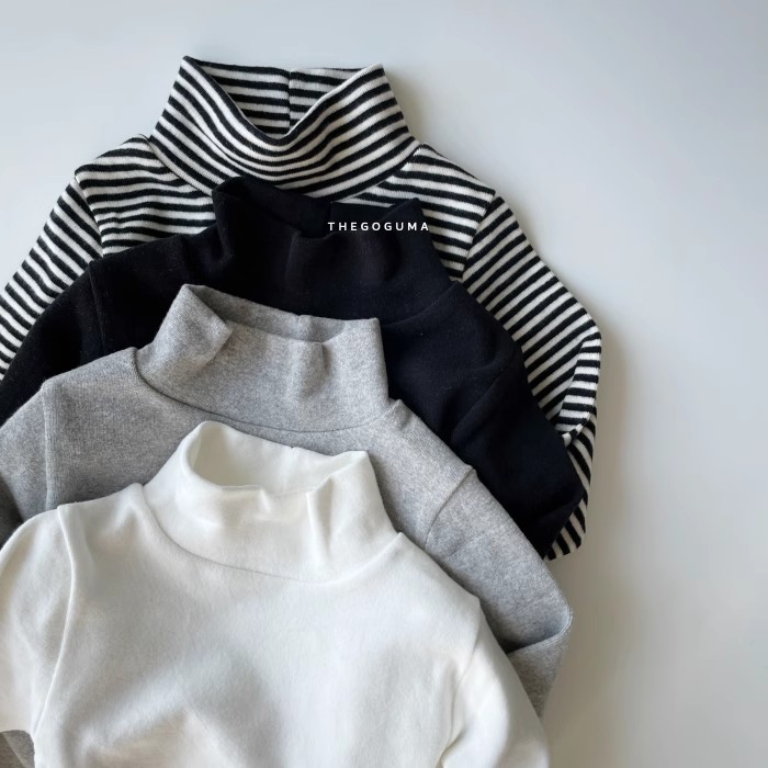 韩国进口婴幼童装秋冬磨毛纯棉高领T恤黑白条纹保暖内搭打底衫