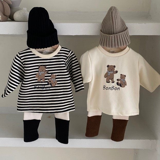 现货韩国进口婴幼童装条纹小熊软糯加绒卫衣冬装保暖长袖T恤AOSTA,童装/婴儿装/亲子装,T恤,淘宝优惠券,粉丝福利购,淘宝优惠卷