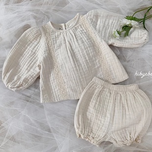 现货韩国进口婴幼童装纯棉纱布可爱公主套装女宝宝春秋衬衫花苞裤