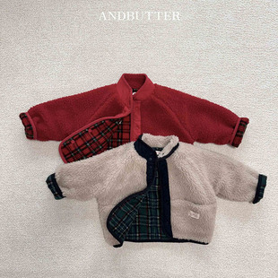 韩国进口童装双面毛绒保暖外套男女童圣诞新年正反两穿红绿棉衣