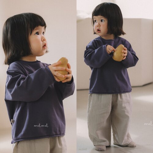 现货韩国进口婴幼童装春秋款中性松弛日系卷边长袖T恤上衣MELMEL