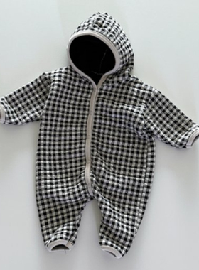 现货韩国进口婴儿秋冬款格子外出服连体衣防风连帽爬服外套Bonito