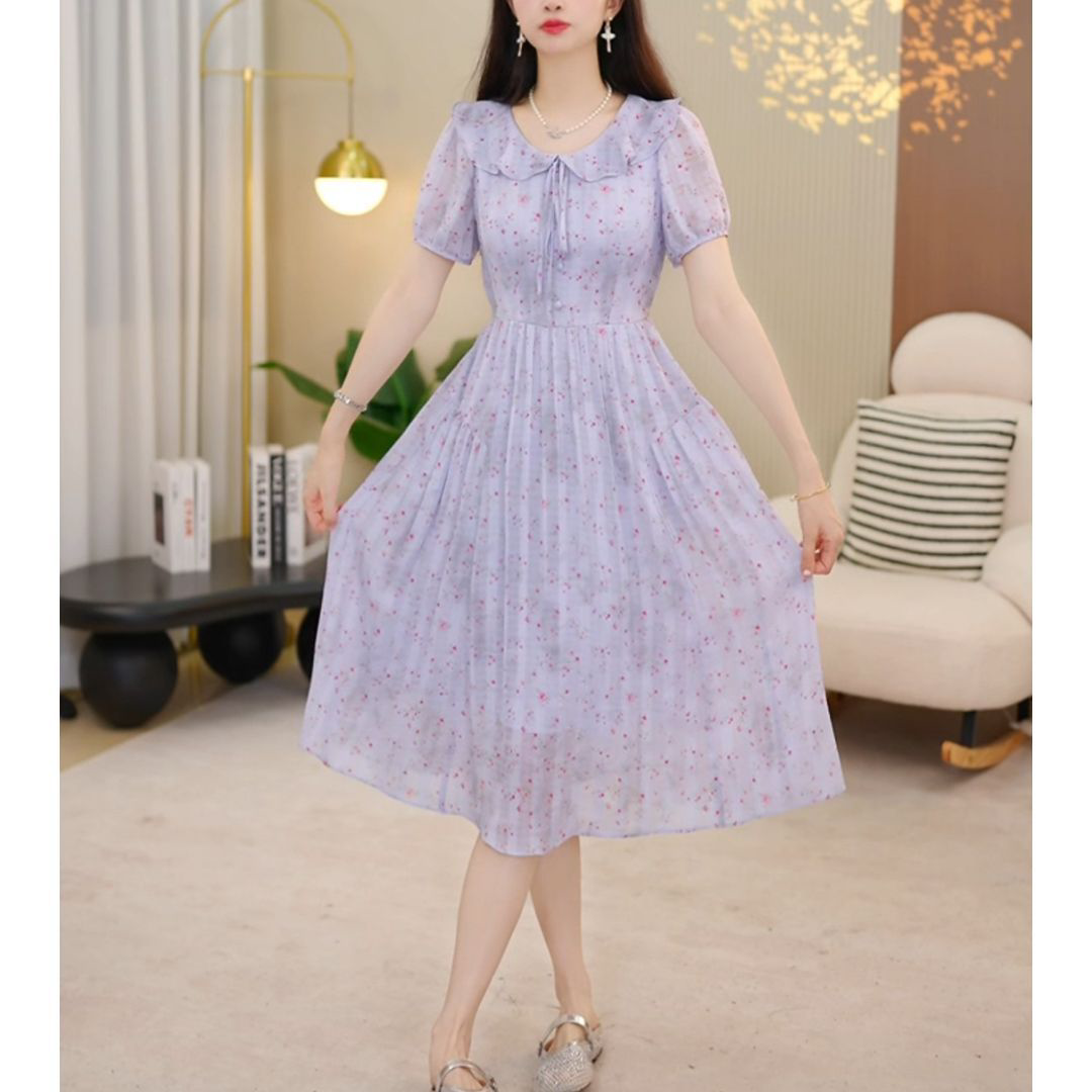 夏季新款女士气质显瘦减龄娃娃领短袖裙子小个子时尚碎花连衣裙女