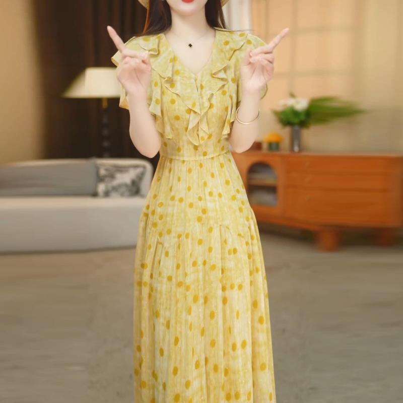 2026新款温柔风连衣裙女士夏装V领轻盈透气显瘦中长款连衣裙M-4XL