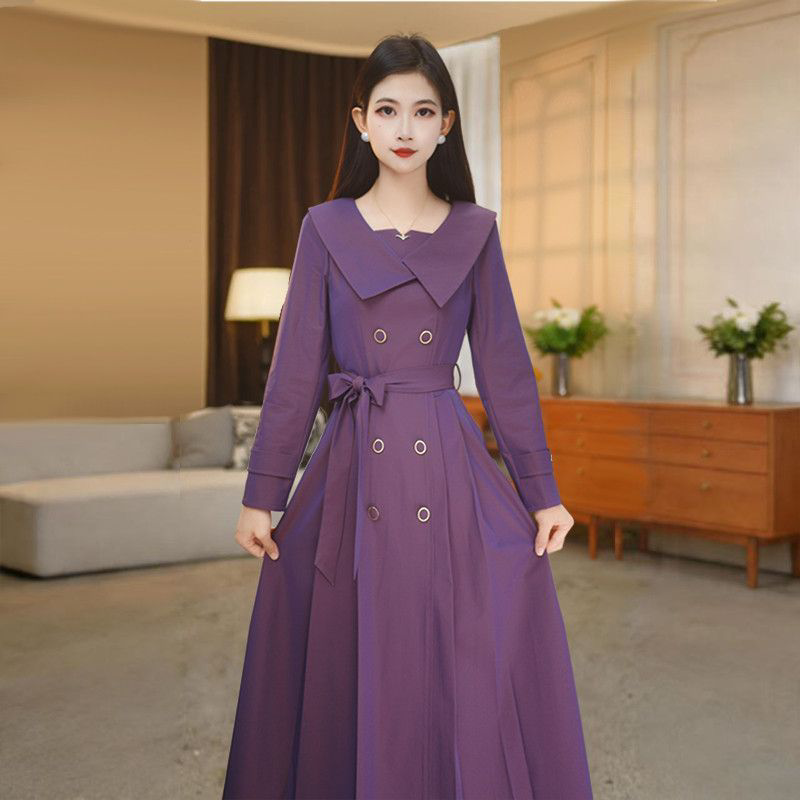 紫色中长款连衣裙女2026新款秋季收腰遮肚显瘦妈妈装长袖a字裙子