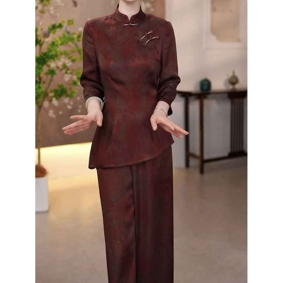 2026春夏季新款妈妈装时尚洋气上衣裤子高档宋锦霞光缎两件套套装