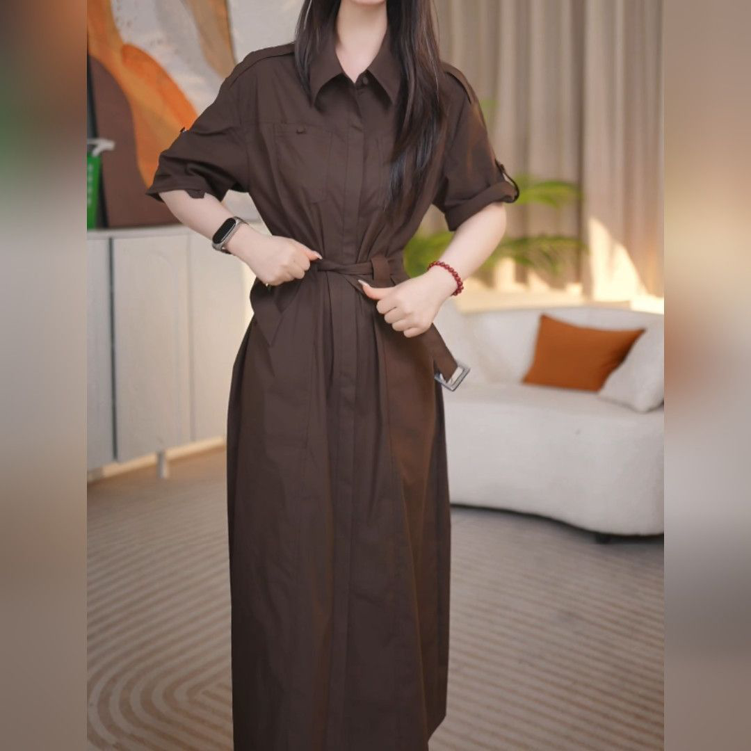 2026夏新款女士休闲时尚宽松显瘦翻领中长裙时尚通勤衬衫连衣裙女