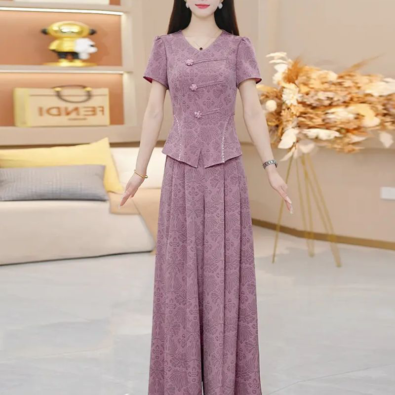 2026夏季新款贵夫人妈妈显瘦阔腿裤套装高端精致V领短袖两件套女